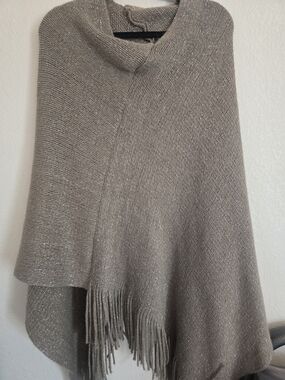 Taupe Metallic Fringe Knit Poncho - Onesize